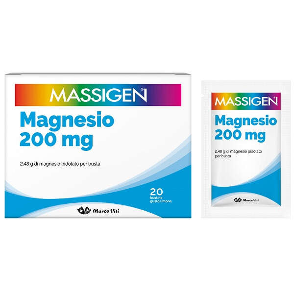 Massigen - Magnesio 20 bustine da 6 g gusto limone senza glutine senza lattosio con zucchero ed edulcorante