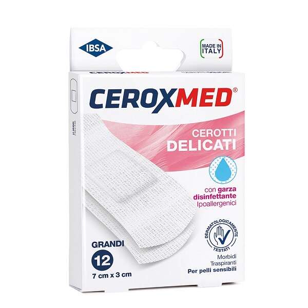 Ceroxmed - Cerotti delicati  con garza disinfettante per pelli sensibili 7x3cm 12 pezzi