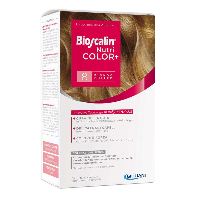 Bioscalin - Nutricolor plus 8 biondo chiaro crema colorante 40 ml + rivelatore crema 60 ml + shampoo 12 ml + trattamento finale balsamo 12 ml