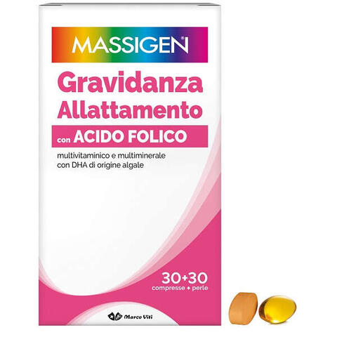 Massigen - Gravidanza allattamento con acido folico multivitaminico e multiminerale 30 compresse rivestite da 1,1 g + 30 perle da 700 mg