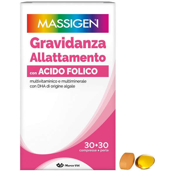 Massigen - Gravidanza allattamento con acido folico multivitaminico e multiminerale 30 compresse rivestite da 1,1 g + 30 perle da 700 mg