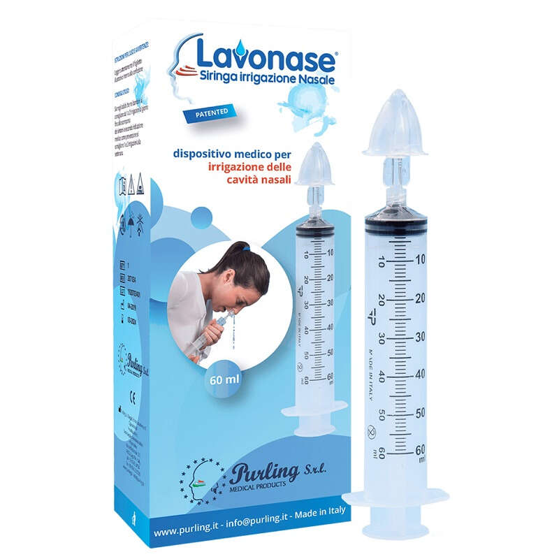 Lavonase - Irrigazione nasale non sterile siringa 60 ml + luer-lock con cappuccio + ugello nasale con raccordo luer-lock + perforatore con valvola non ritorno con tappo