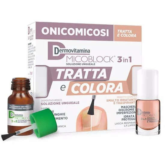 Dermovitamina - Micoblock 3 in 1 tratta e colora soluzione ungueale 7 ml + smalto idratante traspirante 5 ml