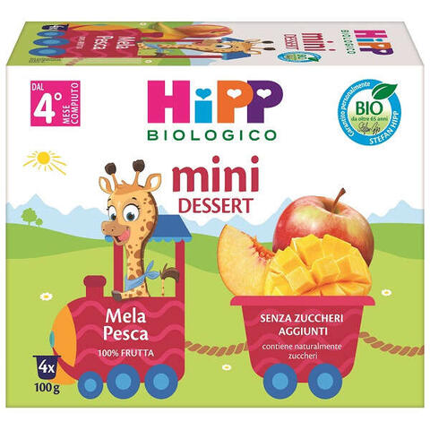 Hipp - Bio mini dessert mela pesca 4 vasetti x 100 g senza zuccheri aggiunti e senza glutine
