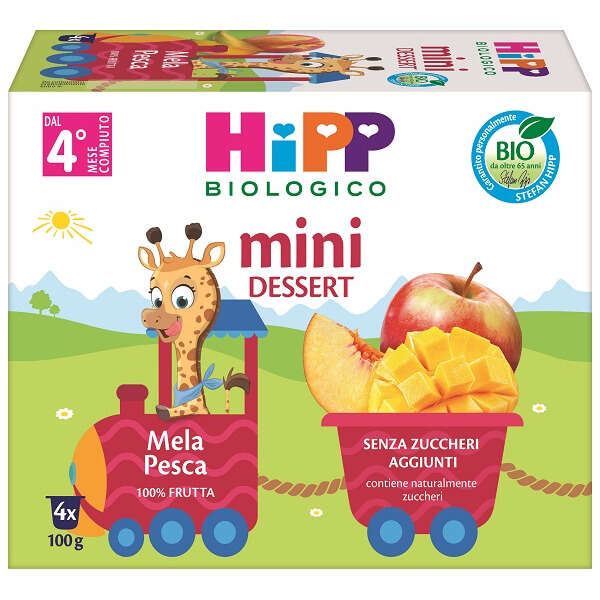 Hipp - Bio mini dessert mela pesca 4 vasetti x 100 g senza zuccheri aggiunti e senza glutine