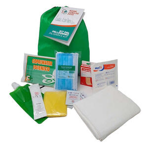 Farvisan - Kit del turista pellegrino contenente 1 borraccia pieghevole+spazzolino denti+dentifricio+10 mascherine chir+10 fogli copriwater+1 poncho+set medicazione garze cerotti