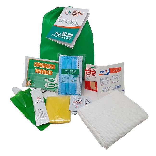 Farvisan - Kit del turista pellegrino contenente 1 borraccia pieghevole+spazzolino denti+dentifricio+10 mascherine chir+10 fogli copriwater+1 poncho+set medicazione garze cerotti