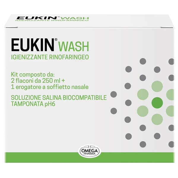 Omega pharma - Eukin wash igienizzante rinofaringeo kit 2 flaconi da 250 ml + erogatore a soffietto nasale