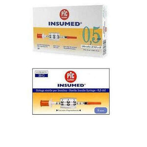 Pic - Siringa per insulina  insumed 0,5 ml 100 ui ago gauge 29 lunghezza 12,7 mm senza spazio morto 3 sacchetti da 30 pezzi