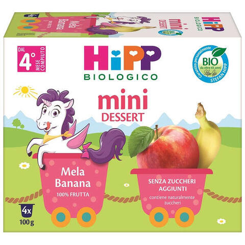 Hipp - Bio mini dessert mela/banana 4 vasetti x 100 g senza zuccheri aggiunti e senza glutine