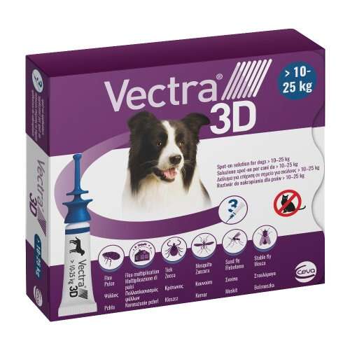 Ceva - VECTRA 3D*spot-on soluz 3 pipette 3,6 ml 196 mg + 17,4 mg +1.429 mg cani da 10 a 25 Kg, tappo applicatore blu