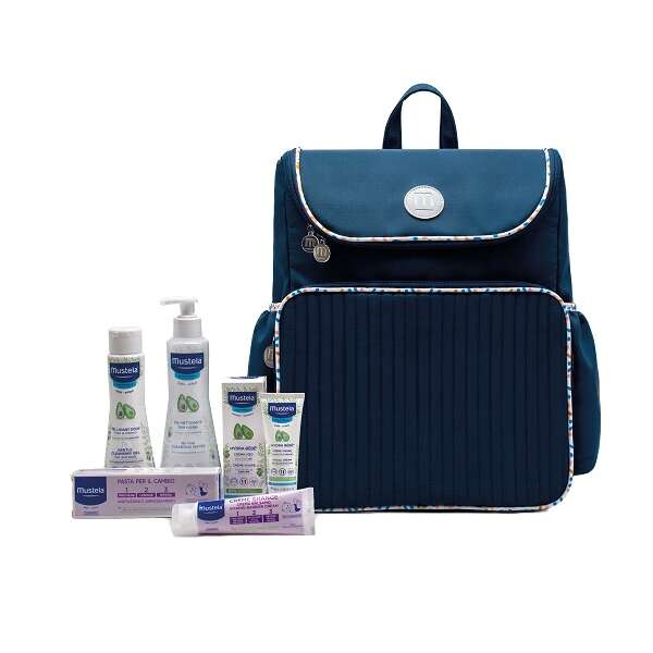 Zaino baby care - Mustela  con pasta cambio 50 ml + detergente delicato 200 ml + hydra bebe' viso 40 ml + fluido detergente 300 ml