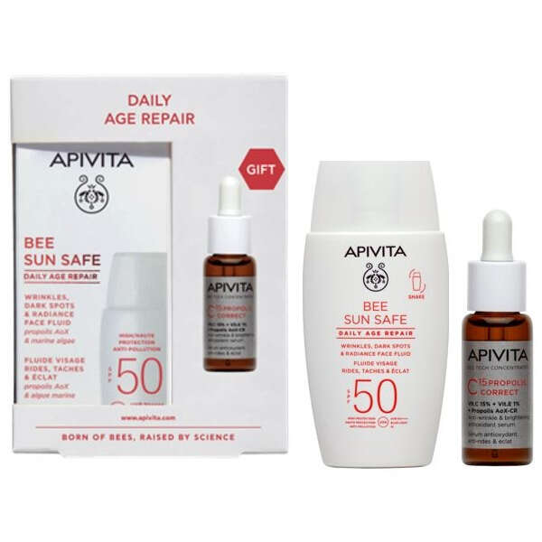 Apivitadaily age repair fluid & c15 propolis - Apivita pro bee sun safe daily age repair spf50 50 ml + c15 propolis correct serum 10 ml