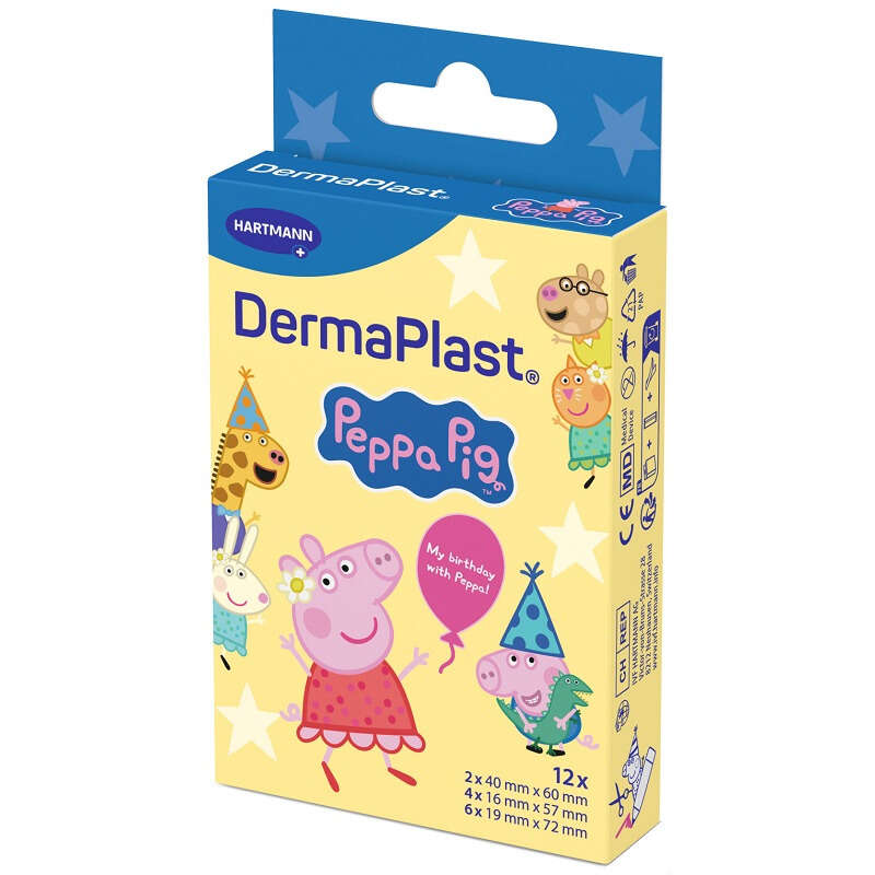 Dermaplast - Cerotto piccole ferite  peppa pig 2 pezzi da 40x60 mm + 4 pezzi da 16x57 mm + 6 pezzi da 19x72 mm