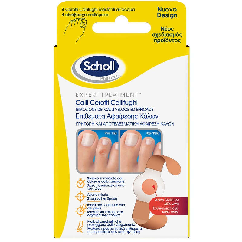 Scholl's - Cerotto callifugo trattamento rimozione/protezione calli 4 cerotti idrorepellenti + 4 dischetti callifughi