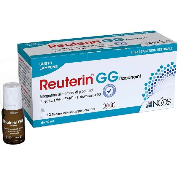 Reuterin - Gg flaconcini 12 flaconcini con tappo dosatore da 10 ml gusto lampone senza glutine senza lattosio