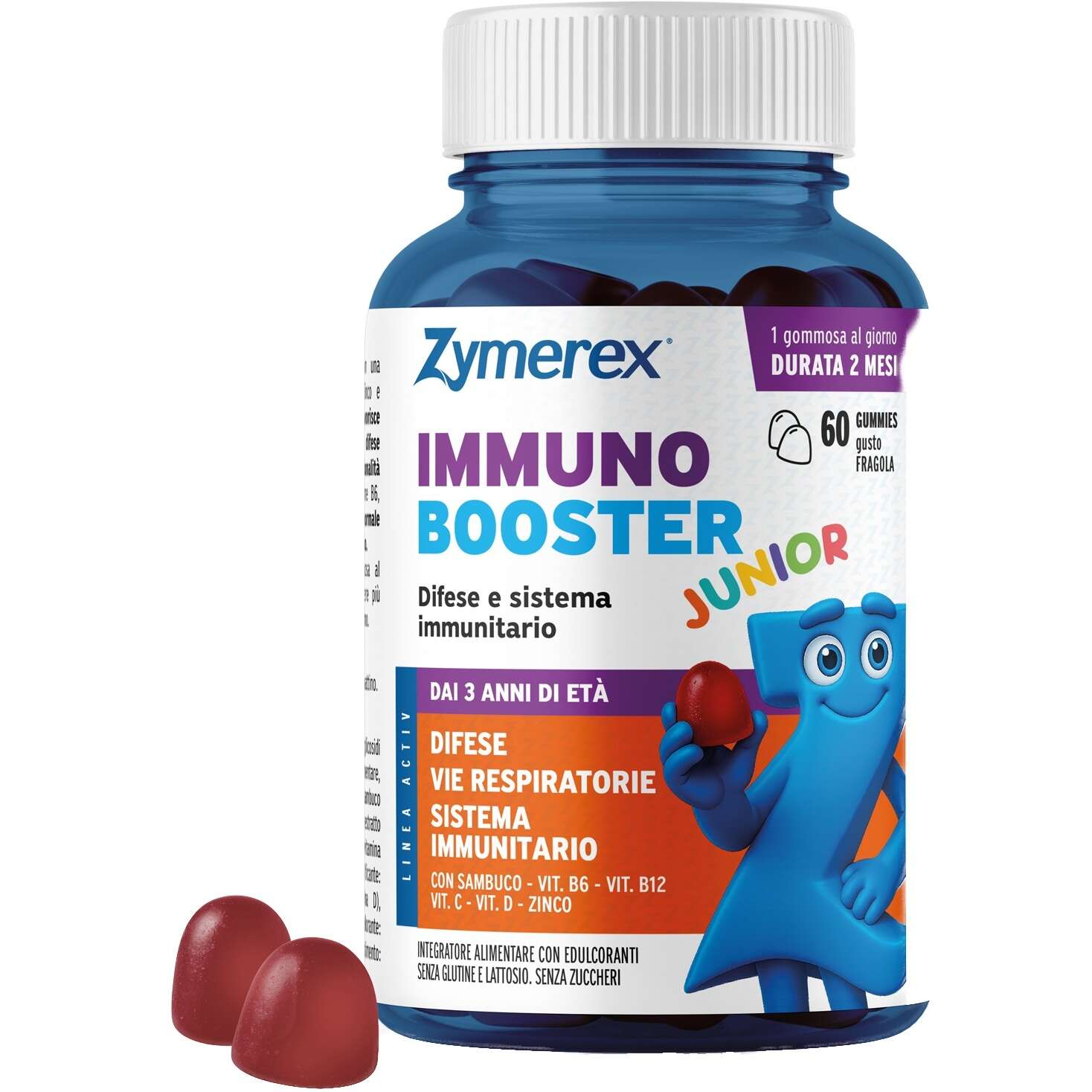 Zymerex immuno booster junior - 60 gummies gusto fragola senza zuccheri con edulcoranti senza glutine senza lattosio