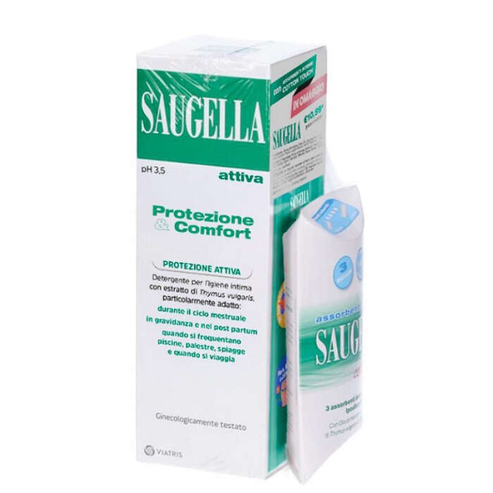 Saugella - Protezione&comfort bundle 1 attiva 250 ml + 3 assorbenti interni regular in omaggio + gadget stickers motivazionali