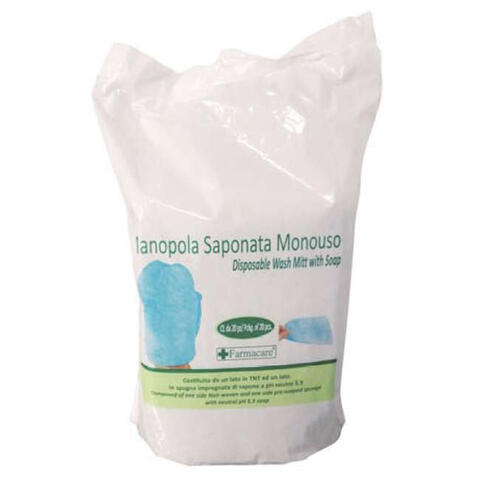 Farmacare - Manopola monouso per lavaggi parziali composta da una spugna in poliestere saponata e da un drappo in tessuto non tessuto senza risciacquo detergente a ph isocutaneo