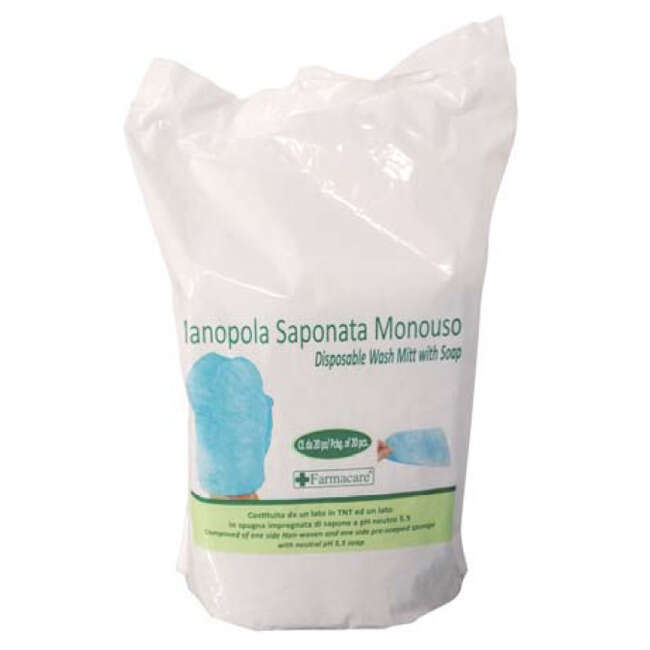 Farmacare - Manopola monouso per lavaggi parziali composta da una spugna in poliestere saponata e da un drappo in tessuto non tessuto senza risciacquo detergente a ph isocutaneo
