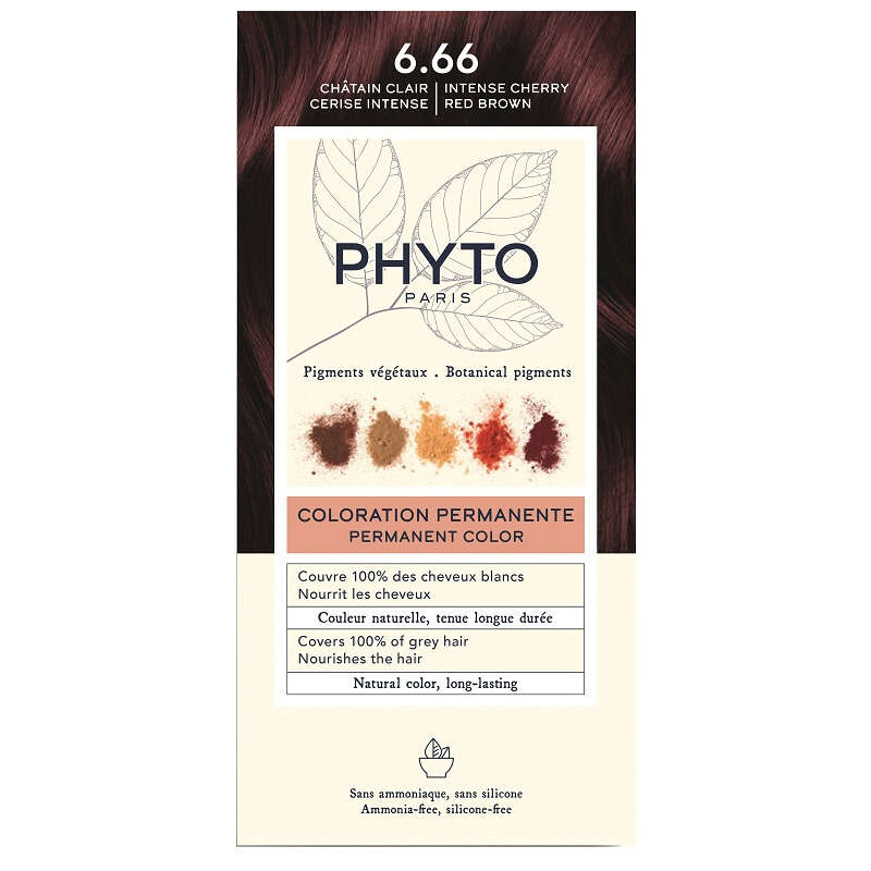 Phyto - Color kit color 6,66 castano intenso rosso ciliegia 1 latte rivelatore 50 ml + 1 crema colorante 50 ml + 1 maschera prolunga colore 10 ml + 1 paio di guanti