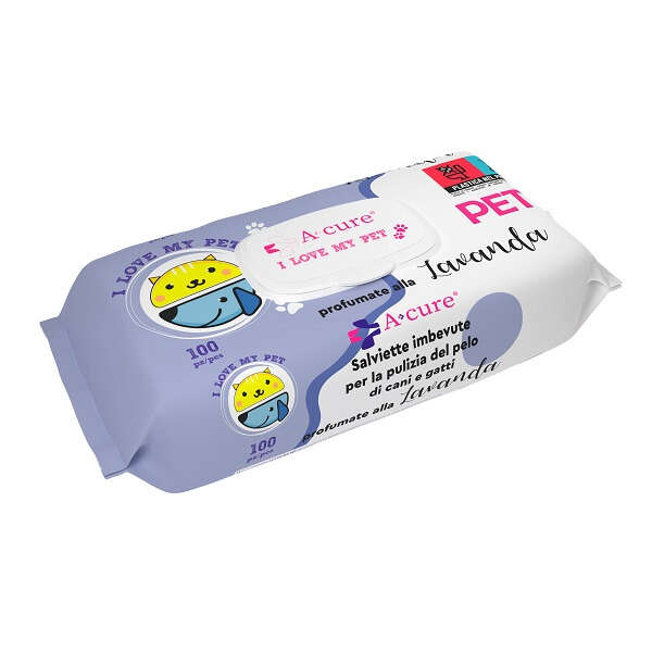 A+ cure  i love my pet  salviette detergenti - A+cure i love my pet salviette pop-up lavanda 100 pezzi ricarica
