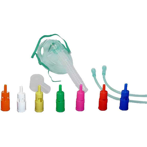 Fiab  maschera per ossigenoterapia  a concentrazione variabile - Maschera morbida a concentrazione variabile con sistema venturi completa di kit con 7 raccordi colorati e tubo di collegamento antischiacciamento adulti