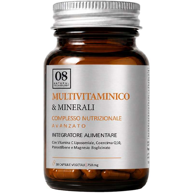 08 natural technology - Multivitaminico & minerali 30 capsule vegetali 750 mg senza zuccheri aggiunti e glutine naturalmente privo di lattosio