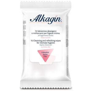 Alkagyn - Alkagin salviettine detergenti e rinfrescanti per l'igiene intima ph leggermente alcalino senza alcool 15 pezzi calendula malva e tilia