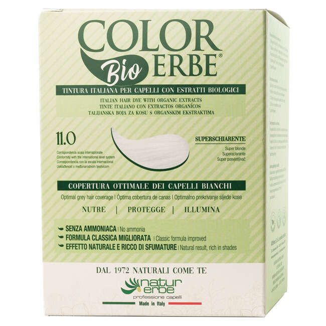 11,0 superschiarente - Color erbe tintura bio superschiarente 11,0 estratti bio 60 ml + attivatore crema 60 ml + shampoo capelli tinti 10 ml + ristrutturante 10 ml + 1 paio guanti