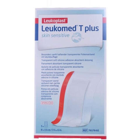 Leukomed - T plus skin sensitive medicazione post-operatoria trasparente impermeabile con massa adesiva al silicone 8x15cm 5 pezzi