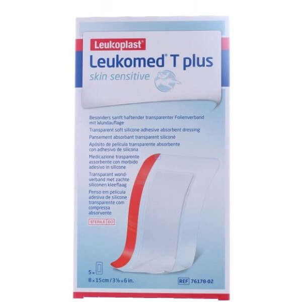 Leukomed - T plus skin sensitive medicazione post-operatoria trasparente impermeabile con massa adesiva al silicone 8x15cm 5 pezzi