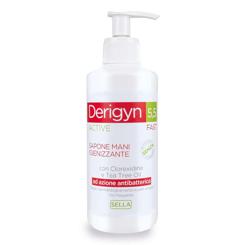Derigyn - 5,5 active fast sapone mani e corpo igienizzante con clorexidina e tea tree oil ad azione antibatterica 300 ml