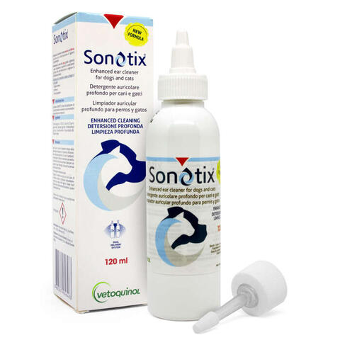Sonotix - Detergente auricolare profondo cani e gatti 120 ml + cannula corta rigida + cannula lunga flessibile