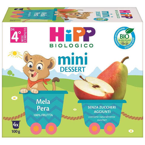 Hipp - Bio mini dessert mela/pera 4 vasetti x 100 g senza zuccheri aggiunti e senza glutine