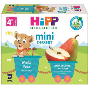 Hipp - Bio mini dessert mela/pera 4 vasetti x 100 g senza zuccheri aggiunti e senza glutine
