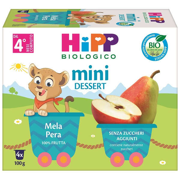 Hipp - Bio mini dessert mela/pera 4 vasetti x 100 g senza zuccheri aggiunti e senza glutine