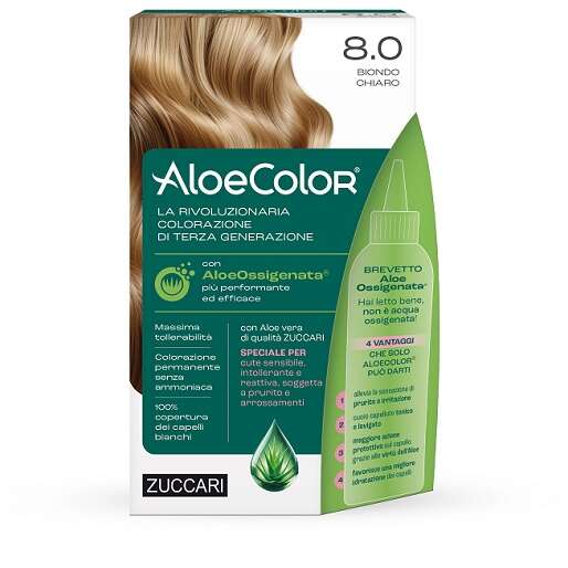 Zuccari - Aloecolor 8,0 biondo chiaro tinta permanente capelli colore ad alta pigmentazione 50 ml + rivelatore aloeossigenata 75 ml + shampoo aloecare 15 ml + guanti