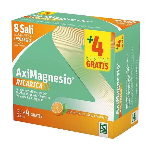 Aximagnesio ricarica - 20 bustine arancia senza zuccheri e glutine naturalmente privo di lattosio